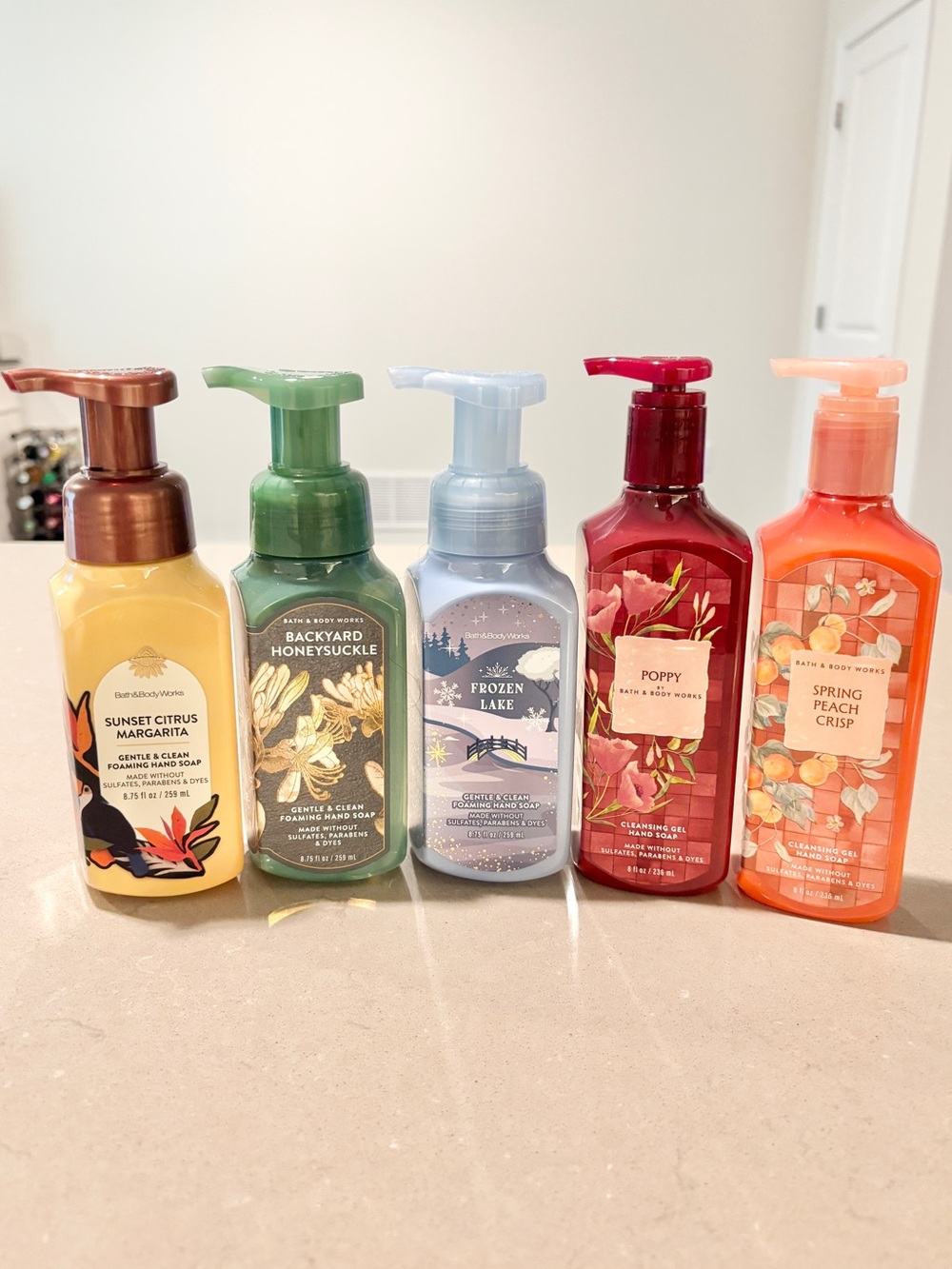 Bath and Body Works 5 Hand Soaps Sunset Citrus Frozen Lake Poppy Spring Peach